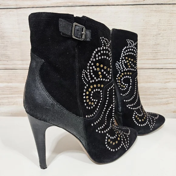 Aldo Jodetha Black Suede Ankle Bootie Heeled Boots 8.5 Silver Blonze Studs - Picture 7 of 12